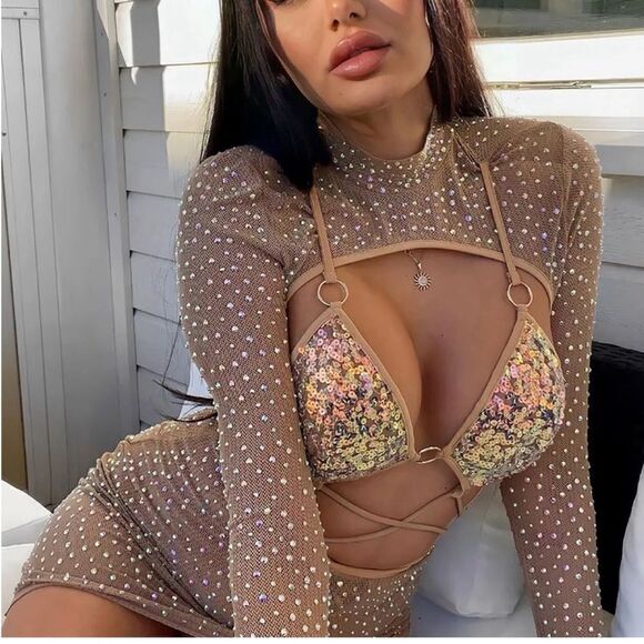 Fashion nova Flirt Envy Embellished Mini Dress Mocha fashion nova new NWT size S - Picture 1 of 9